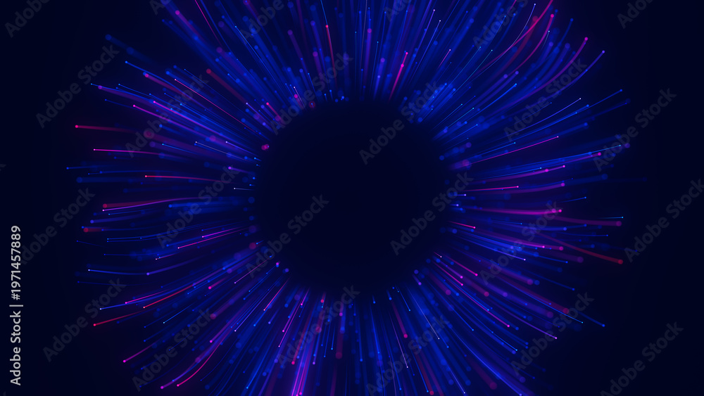 Fototapeta premium Big data light speed flow outwards center. Abstract digital data stream of quantum computing. Cyberspace of qubit trail waves. Modern tech information transmission. Ai neural network