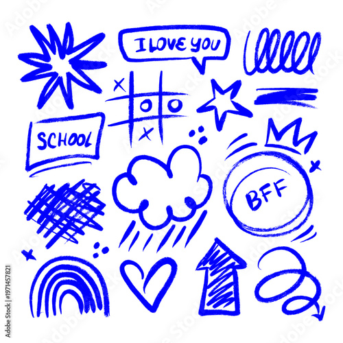Isolated blue ink scribble elements set. Hand drawn tic tac toe, rainbow, cloud, star and hearts sketches on grid. Vector rough chaotic doodle collection for romantic teen poster or sticker pack
