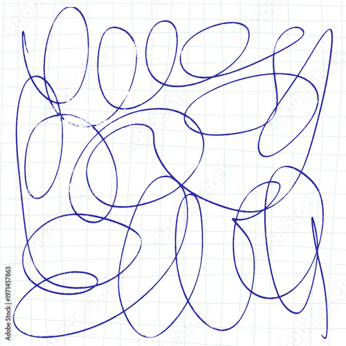 Isolated blue ink chaos scribble texture. Abstract continuous tangled line sketch on grid notebook paper. Vector crazy careless doodle element for background, typography overlay or stress concept.