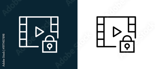 Two-color video player outline icon pair in black and white, editable stroke vector illustration for web, mobile apps, UI design, branding, and print from interaction set