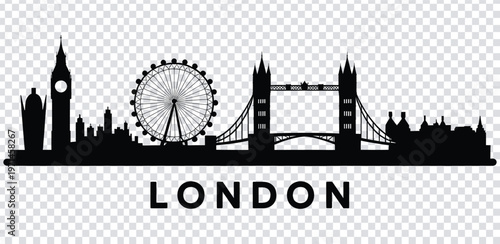 Vector illustration black silhouette of london city skyline with famous landmarks