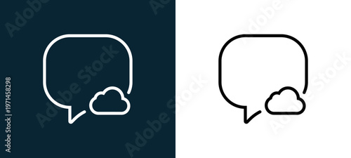 Two-color speech bubble outline icon pair in black and white, editable stroke vector illustration for web, mobile apps, UI design, branding, and print from interaction set