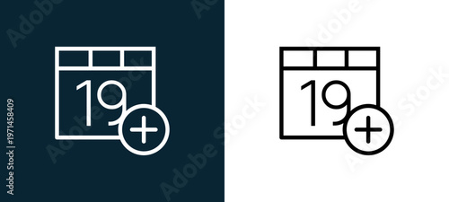 Two-color calendar outline icon pair in black and white, editable stroke vector illustration for web, mobile apps, UI design, branding, and print from interaction set