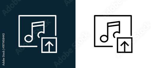 Two-color music player outline icon pair in black and white, editable stroke vector illustration for web, mobile apps, UI design, branding, and print from interaction set