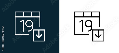 Two-color calendar outline icon pair in black and white, editable stroke vector illustration for web, mobile apps, UI design, branding, and print from interaction set