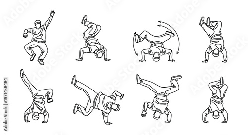 Dynamic line art depicts a series of breakdancing poses and figures