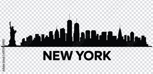 Vector illustration black silhouette of new york city skyline with statue of liberty