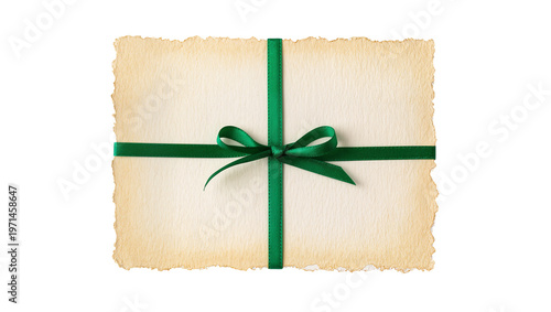 Konstfotografi Creamy textured paper with frayed edges tied with a green satin ribbon and bow,