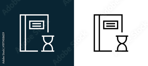 Two-color notebook outline icon pair in black and white, editable stroke vector illustration for web, mobile apps, UI design, branding, and print from interaction set