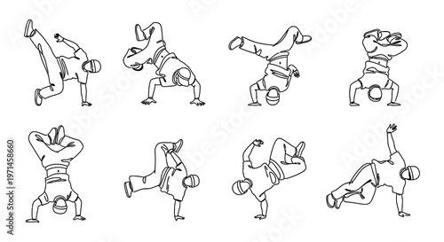 Dynamic line art depicts a series of breakdancing poses and figures