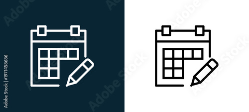 Two-color calendar outline icon pair in black and white, editable stroke vector illustration for web, mobile apps, UI design, branding, and print from interaction set