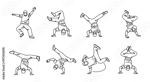 Dynamic line art depicts a series of breakdancing poses and figures
