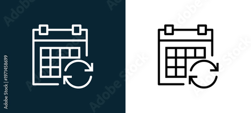 Two-color calendar outline icon pair in black and white, editable stroke vector illustration for web, mobile apps, UI design, branding, and print from interaction set