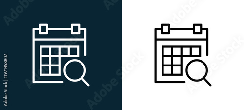Two-color calendar outline icon pair in black and white, editable stroke vector illustration for web, mobile apps, UI design, branding, and print from interaction set