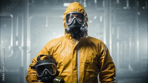 Man in yellow hazmat suit wearing gas mask in industrial setting. Professional worker holding protective equipment in foggy factory. Biohazard and chemical safety concept