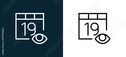 Two-color calendar outline icon pair in black and white, editable stroke vector illustration for web, mobile apps, UI design, branding, and print from interaction set