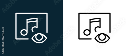 Two-color music player outline icon pair in black and white, editable stroke vector illustration for web, mobile apps, UI design, branding, and print from interaction set