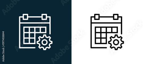 Two-color calendar outline icon pair in black and white, editable stroke vector illustration for web, mobile apps, UI design, branding, and print from interaction set