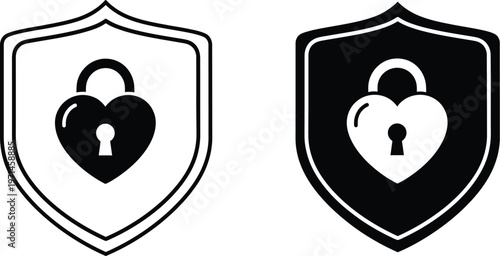 Shield heart lock vector illustration set featuring security protection symbols isolated on a plain white background for design usage