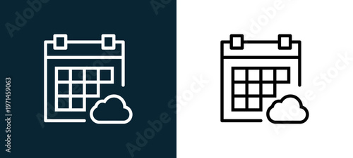 Two-color calendar outline icon pair in black and white, editable stroke vector illustration for web, mobile apps, UI design, branding, and print from interaction set