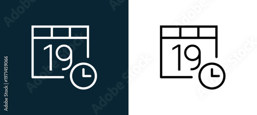 Two-color calendar outline icon pair in black and white, editable stroke vector illustration for web, mobile apps, UI design, branding, and print from interaction set