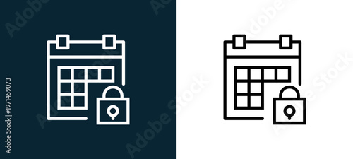Two-color calendar outline icon pair in black and white, editable stroke vector illustration for web, mobile apps, UI design, branding, and print from interaction set