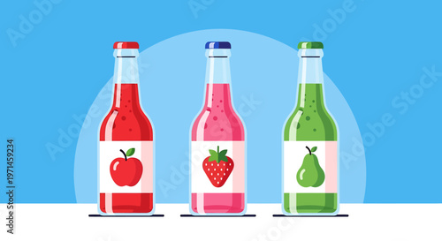 Three glass bottles of juice with fruit labels on a white table  colorful drink bottles