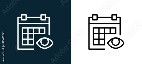 Two-color calendar outline icon pair in black and white, editable stroke vector illustration for web, mobile apps, UI design, branding, and print from interaction set