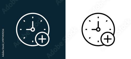Two-color stopwatch outline icon pair in black and white, editable stroke vector illustration for web, mobile apps, UI design, branding, and print from interaction set