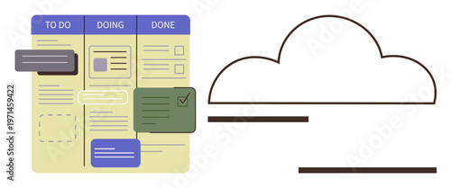 Project management, cloud storage, productivity tools, teamwork, organization, workflow optimization. Kanban board with tasks and cloud symbol. Project management and cloud storage concepts