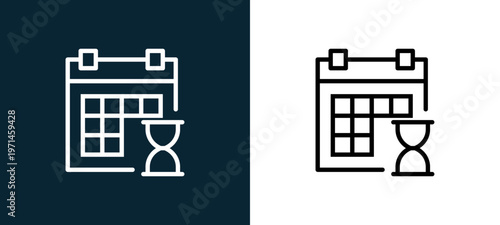 Two-color calendar outline icon pair in black and white, editable stroke vector illustration for web, mobile apps, UI design, branding, and print from interaction set