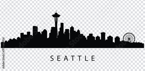 Vector illustration black silhouette of seattle city skyline with space needle and ferris wheel