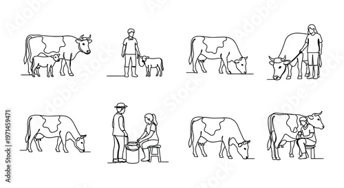 Line art illustrations of farmers with cows and calves in a rural scene