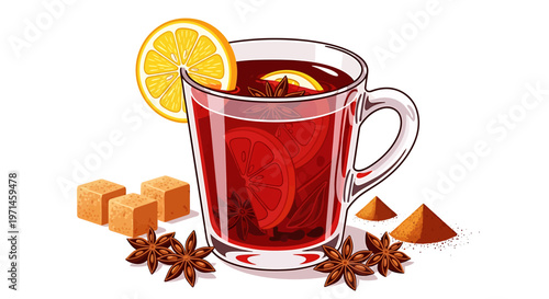 A glass mug of mulled wine with spices and sugar cubes on white background