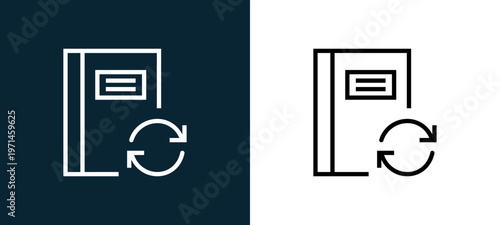 Two-color notebook outline icon pair in black and white, editable stroke vector illustration for web, mobile apps, UI design, branding, and print from interaction set