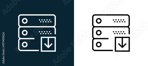 Two-color server outline icon pair in black and white, editable stroke vector illustration for web, mobile apps, UI design, branding, and print from interaction set