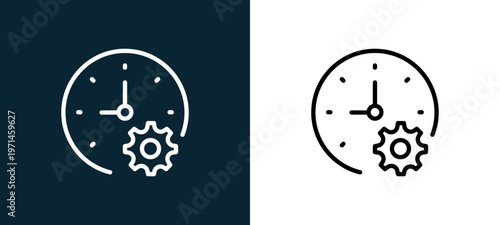 Two-color stopwatch outline icon pair in black and white, editable stroke vector illustration for web, mobile apps, UI design, branding, and print from interaction set