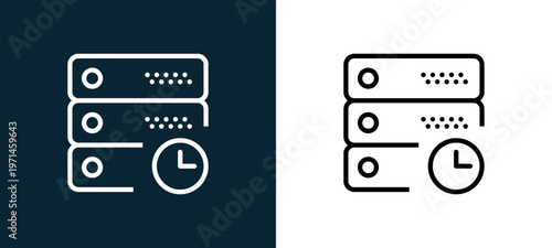 Two-color server outline icon pair in black and white, editable stroke vector illustration for web, mobile apps, UI design, branding, and print from interaction set