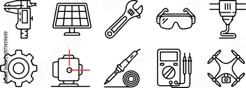 Set of 10 modern engineering and technology icons featuring tools like 3D printer, solar panel, drone, and digital caliper.