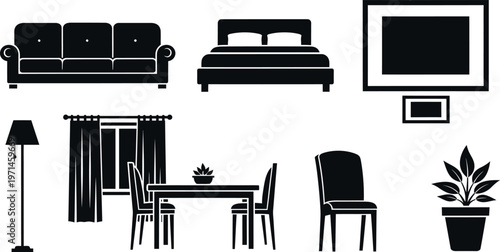 Furniture icons set of chairs sofas beds tables lamps sofa armchair desk bed couch and home office interior design vector illustration