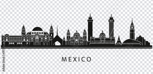 Vector illustration black and white mexico city skyline silhouette with various buildings and towers