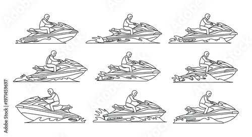 Line art illustration depicting multiple jet skis on water surfaces