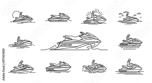 Line art illustration depicting multiple jet skis on water surfaces