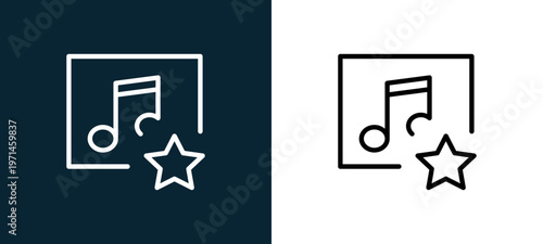 Two-color music player outline icon pair in black and white, editable stroke vector illustration for web, mobile apps, UI design, branding, and print from interaction set