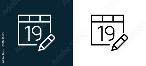 Two-color calendar outline icon pair in black and white, editable stroke vector illustration for web, mobile apps, UI design, branding, and print from interaction set