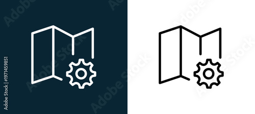 Two-color map outline icon pair in black and white, editable stroke vector illustration for web, mobile apps, UI design, branding, and print from interaction set