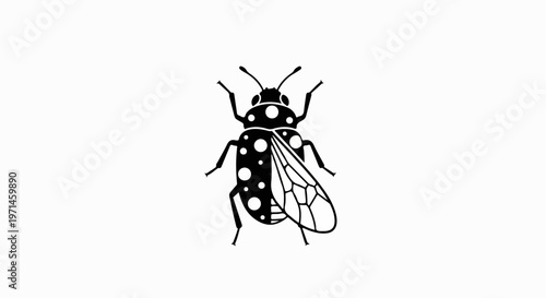 Black and white fly icon, insect illustration, vector bug, spotted animal symbol