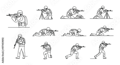 Soldiers in combat positions a collection of line art illustrations