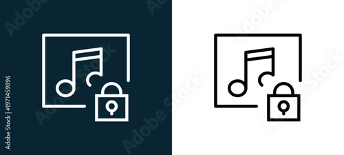 Two-color music player outline icon pair in black and white, editable stroke vector illustration for web, mobile apps, UI design, branding, and print from interaction set