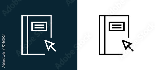 Two-color notebook outline icon pair in black and white, editable stroke vector illustration for web, mobile apps, UI design, branding, and print from interaction set